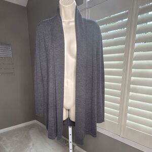 Kate Hill M Cardigan Sweater Gray Merino Wool Shawl Collar Open Front Rib Knit